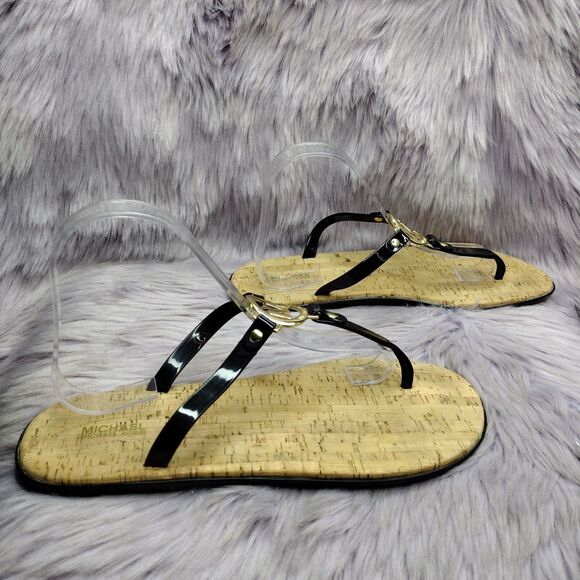 Michael Kors MK Charm Jelly Thong Sandals Flip Flops Women Sz 11 Gold Black Cork - Picture 4 of 7